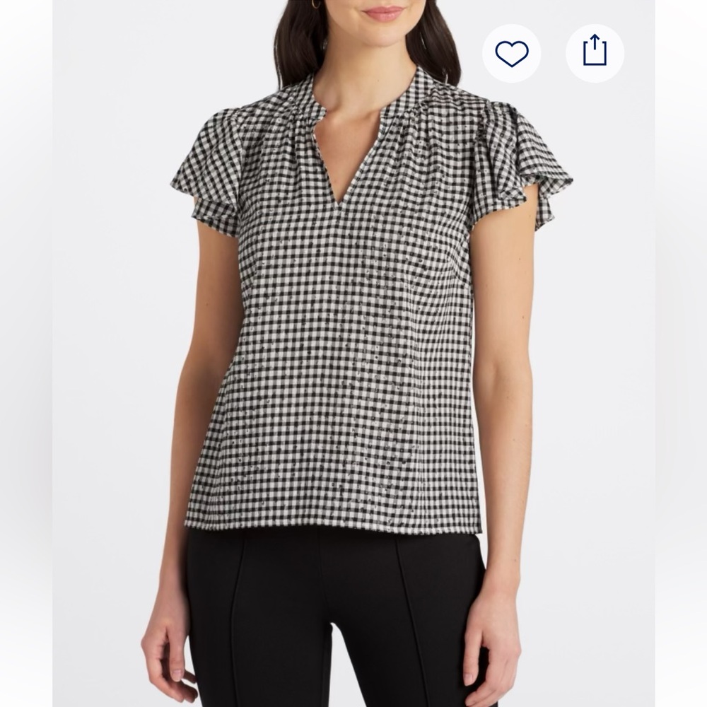 Black and White V-Neck Flutter Sleeve Gingham Women's Blouse